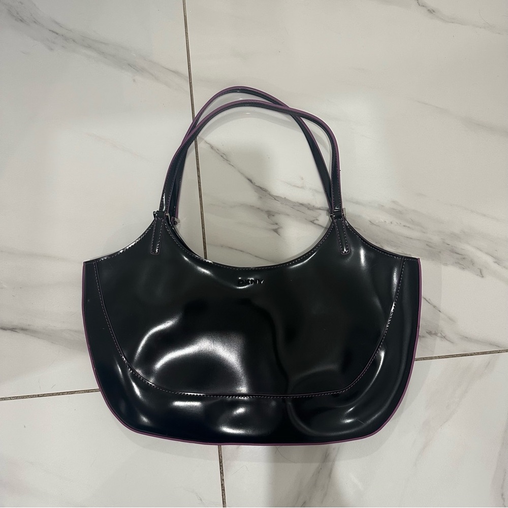 Y2K DKNY Black Patent Shoulder Bag with Purple Trim